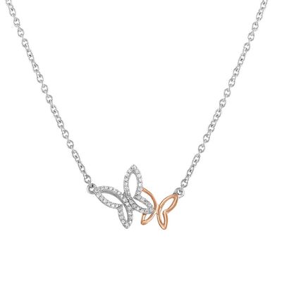 1/10 ct. tw. Diamond Butterfly Necklace in Sterling Silver & 10K Rose Gold