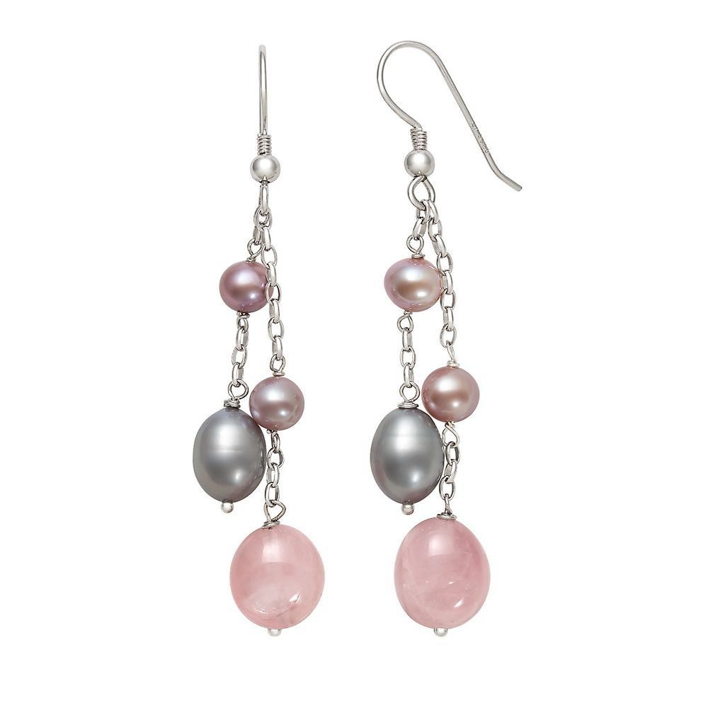 Rose Quartz, Gray & Pink Freshwater Cultured Pearl Dangle Earrings in Sterling Silver