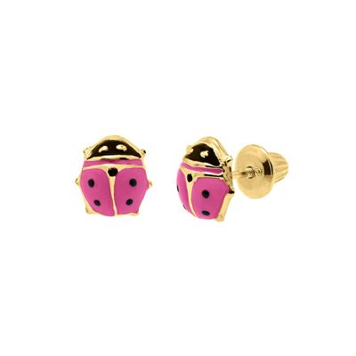 Children's Pink Ladybug Earrings in 14K Yellow Gold