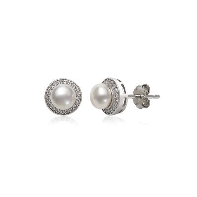 Freshwater Cultured Pearl & Lab-Created White Sapphire Halo Earrings in Sterling Silver