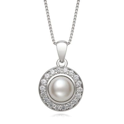 Freshwater Cultured Pearl & Lab-Created White Sapphire Halo Pendant in Sterling Silver