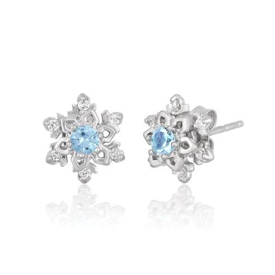 Elsa Aquamarine & Diamond Snowflake Earrings in Sterling Silver (1/10 ct. tw.)