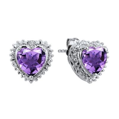 Amethyst & Diamond Heart Earrings in Sterling Silver