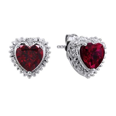 Ruby & Diamond Heart Earrings in Sterling Silver