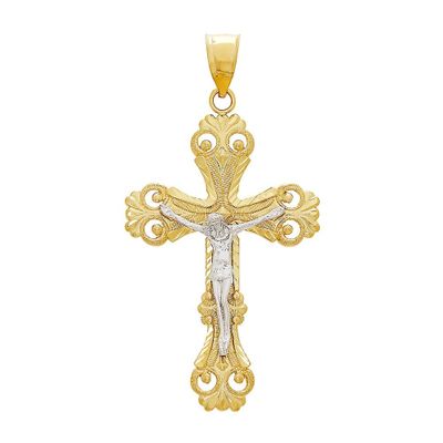 Diamond Cut Crucifix Charm in 14K Yellow & White Gold