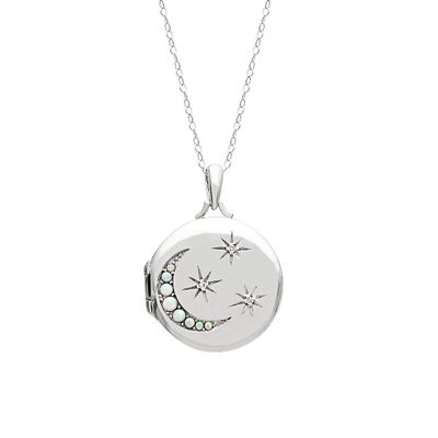 "I Love You to the Moon and Back" Lab-Created White Sapphire & Opal Locket in Stering Silver