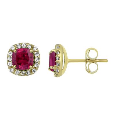 Lab-Created Ruby & White Sapphire Stud Earrings in 10K Yellow Gold