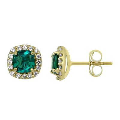 Lab-Created Emerald & White Sapphire Stud Earrings in 10K Yellow Gold