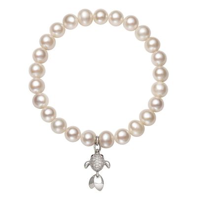 Freshwater Cultured Pearl & Cubic Zirconia Fish Bracelet in Sterling Silver