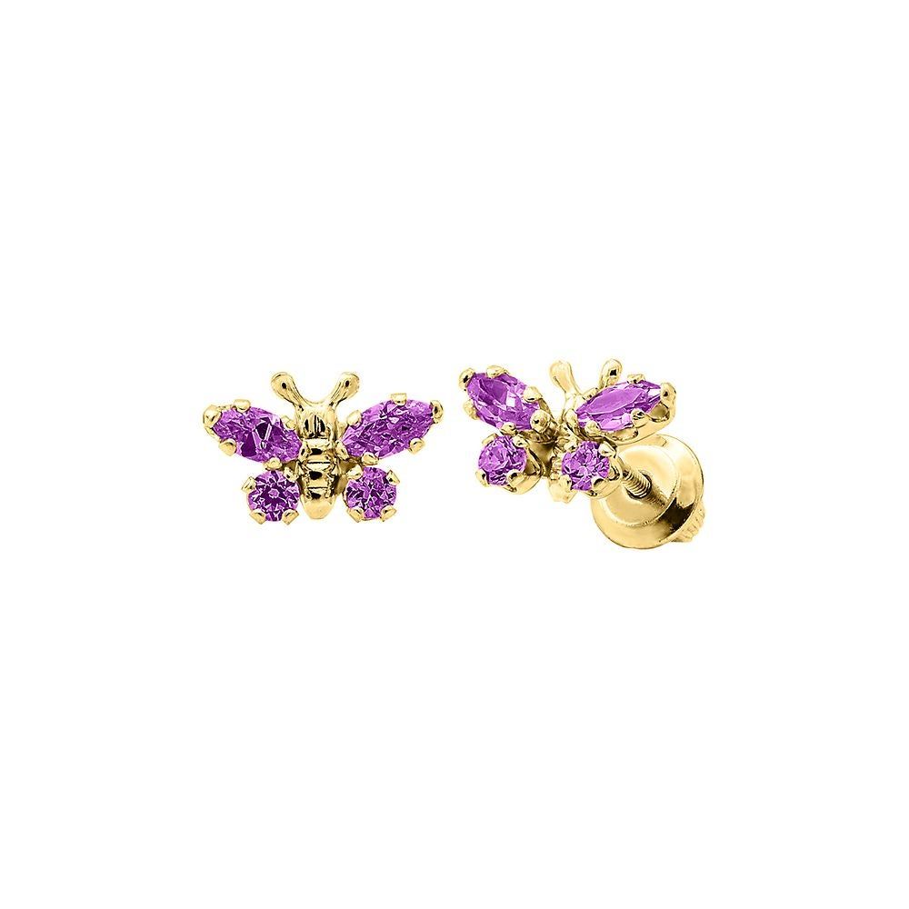 Children's Purple Cubic Zirconia Butterfly Earrings in 14K Yellow Gold