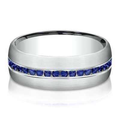 Men's Blue Sapphire Ring 14K White Gold