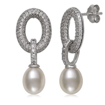 Freshwater Cultured Pearl & Lab-Created White Sapphire Earrings in Sterling Silver