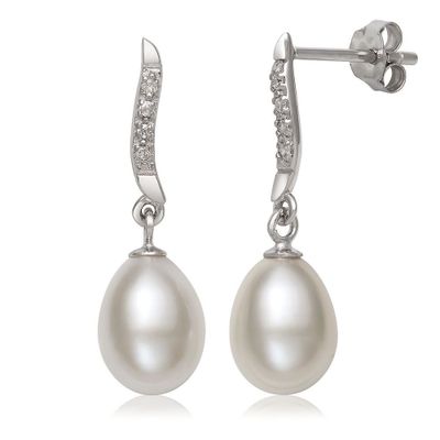 Freshwater Cultured Pearl & Lab-Created White Sapphire Drop Earrings in Sterling Silver