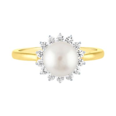 Freshwater Cultured Pearl & Lab-Created White Sapphire Ring 10K Yellow Gold