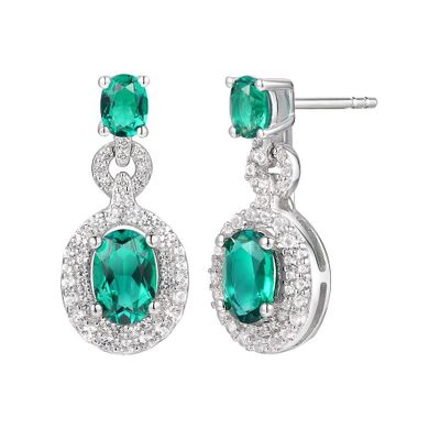 Lab-Created Emerald & White Sapphire Drop Earrings in Sterling Silver