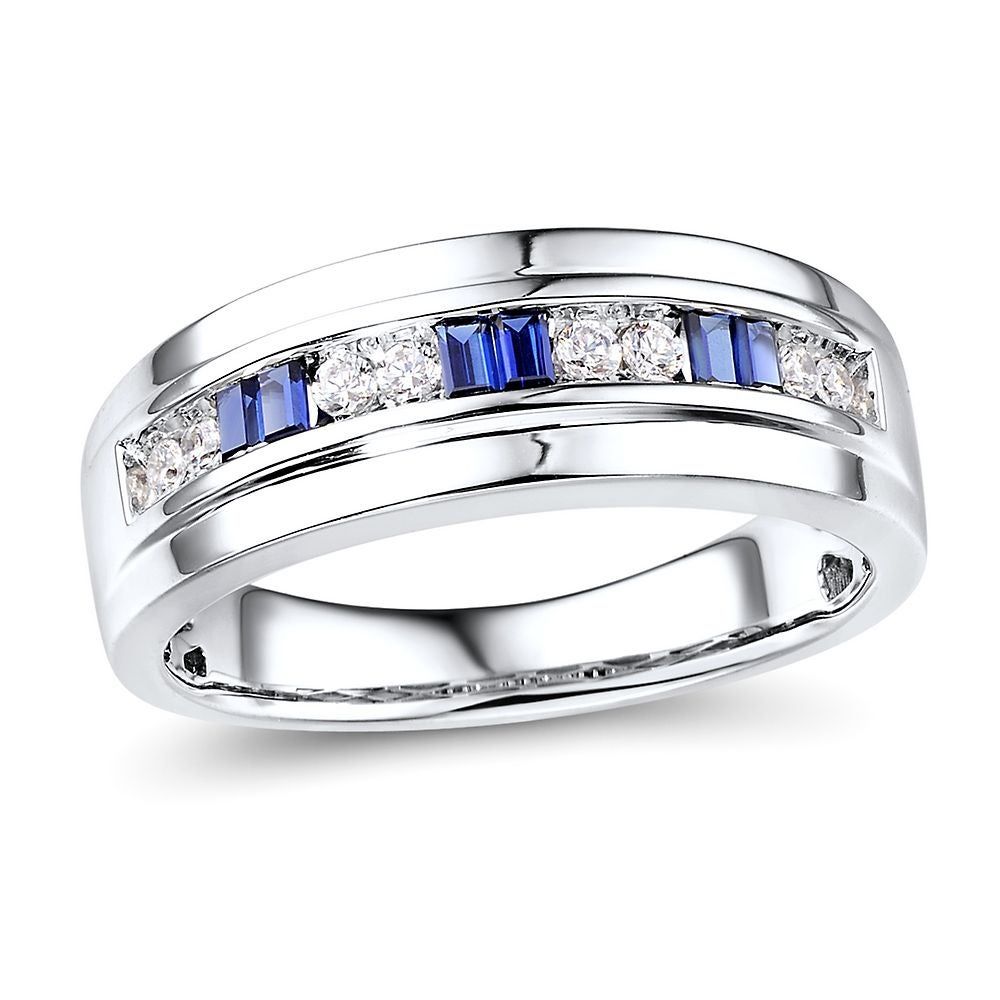 Men's Diamond & Blue Sapphire Ring 10K White Gold