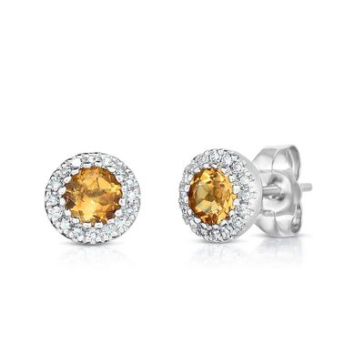 Citrine & Diamond Halo Stud Earrings in 14K White Gold