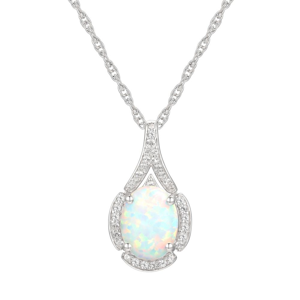 Oval Opal & Lab-Created White Sapphire Earring, Pendant Ring Set Sterling Silver