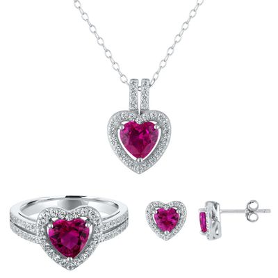 Heart-Shaped Lab-Created Ruby Earring, Pendant & Ring Set Sterling Silver