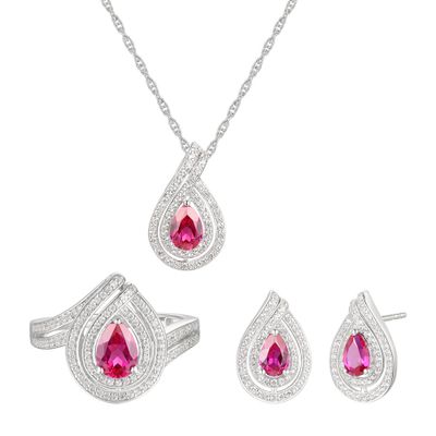 Ruby & Lab-Created White Sapphire Earring, Pendant Ring Boxed Set Sterling Silver