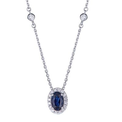 Blue Sapphire & 1/10 ct. tw. Diamond Necklace in 10K White Gold