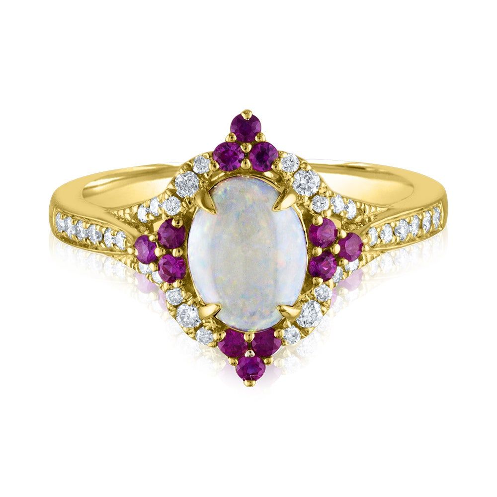 Opal, Ruby & 1/5 ct. tw. Diamond Ring 10K Yellow Gold