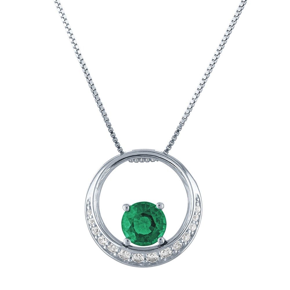 Lab-Created Emerald & White Sapphire Circle Pendant in Sterling Silver