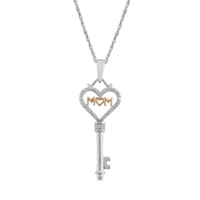 Diamond "MOM" Key Pendant in Sterling Silver & 10K Rose Gold