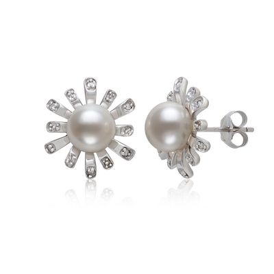 Freshwater Pearl & Diamond Earrings in Sterling Silver