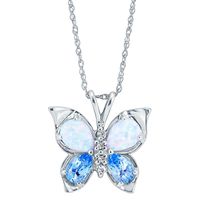 Lab-Created Opal, Blue Topaz & Diamond Butterfly Pendant in 10K White Gold