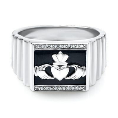 Men's Onyx & Diamond Claddagh Ring Sterling Silver