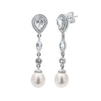 Freshwater Cultured Pearl, White Topaz & Diamond Dangle Earrings in Sterling Silver