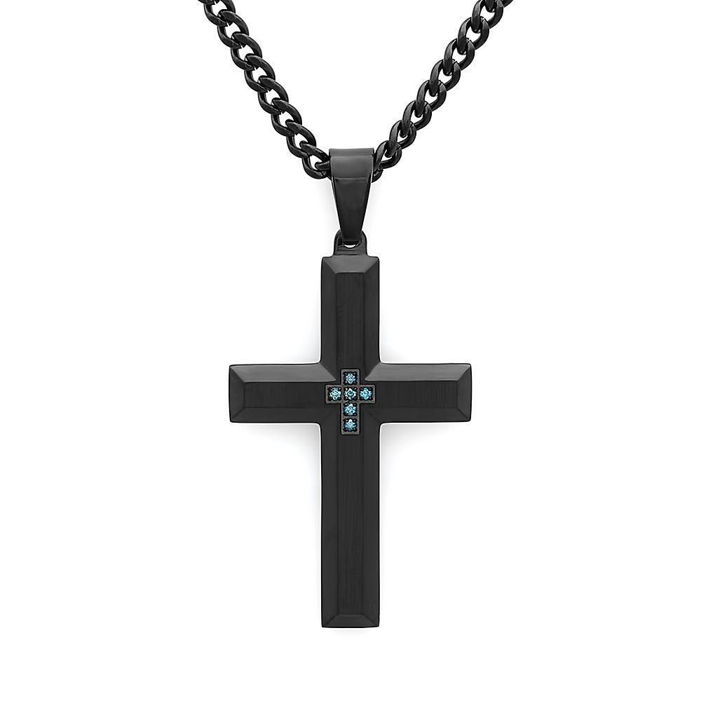 Men's Blue Diamond Cross Pendant in Stainless Steel