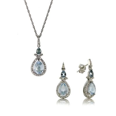 Blue Topaz & Lab-Created White Sapphire Pendant & Earring Set in Sterling Silver