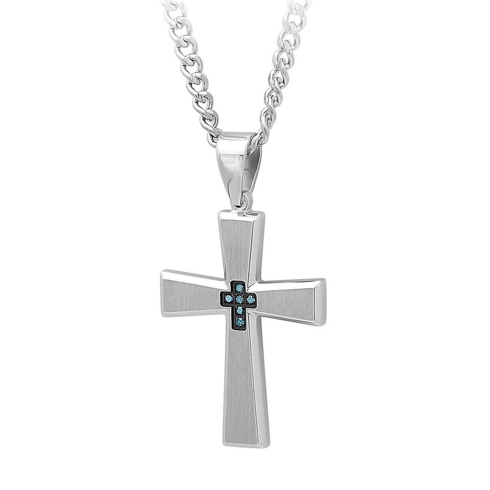Men's Blue Diamond Cross Pendant in Stainless Steel