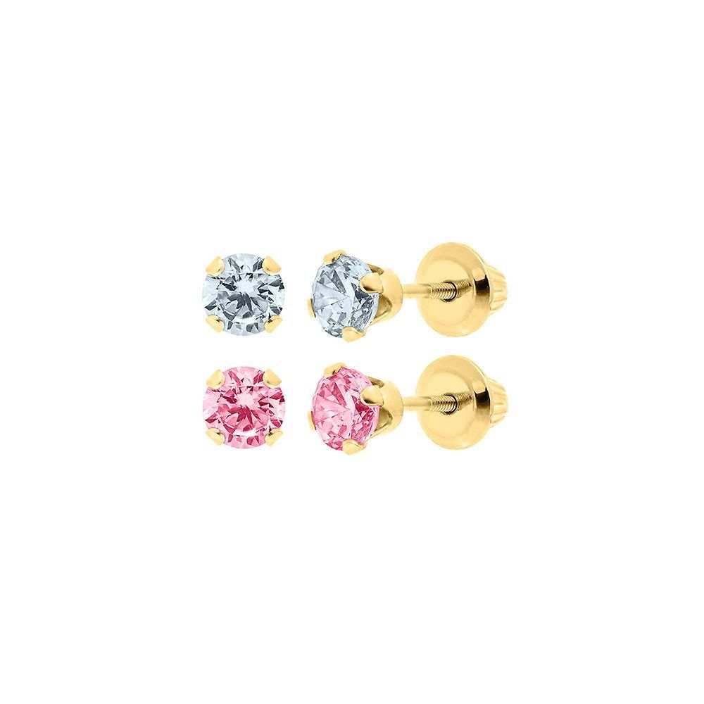 Children's Pink & White Cubic Zirconia Stud Earring Set in 14K Yellow Gold