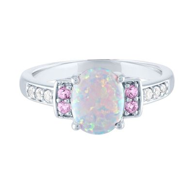 Lab-Created Opal, Pink & White Sapphire Ring Sterling Silver
