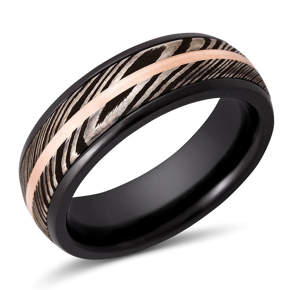 Lashbrook® Men's Band Zirconium, Damascus Steel & 14K Rose Gold, 7MM