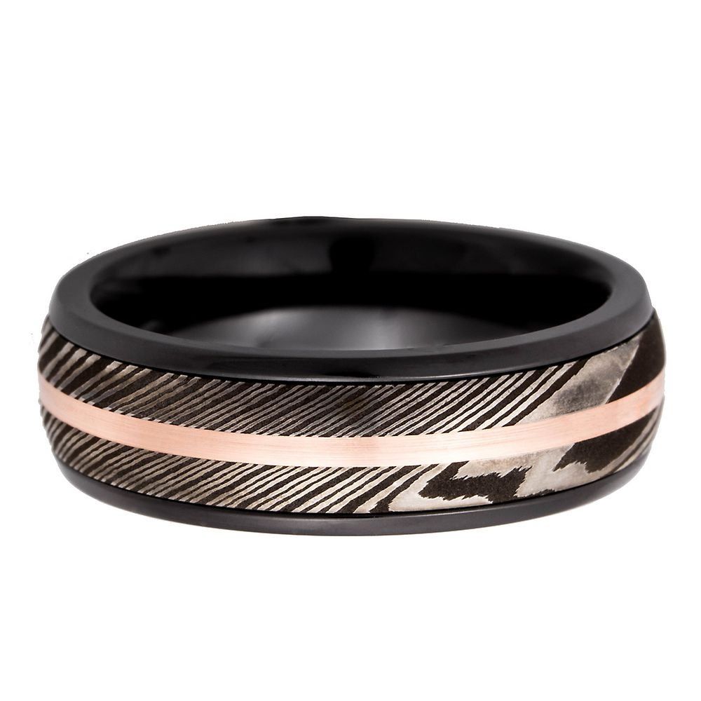 Lashbrook® Men's Band Zirconium, Damascus Steel & 14K Rose Gold, 7MM