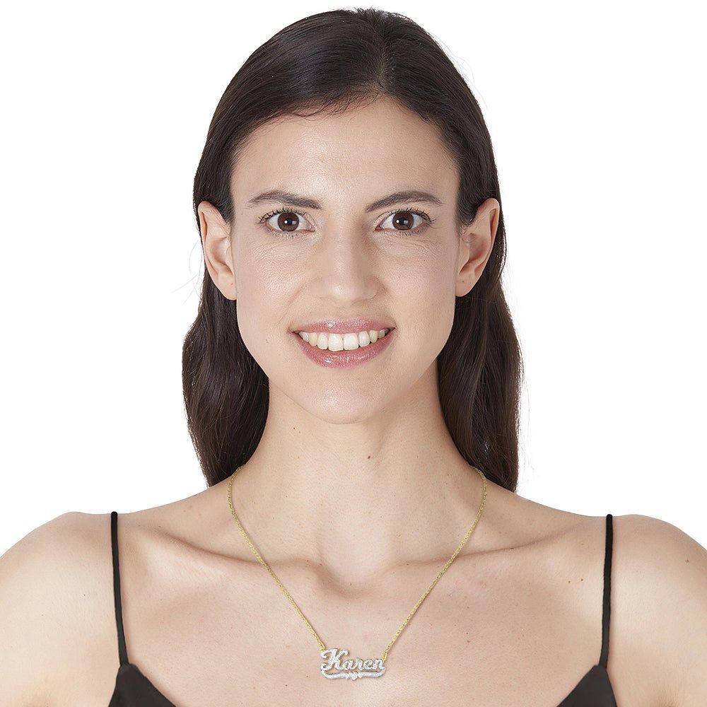 Diamond Nameplate Necklace in Sterling Silver with 24K Yellow Gold Plating (1/10 ct. tw.)