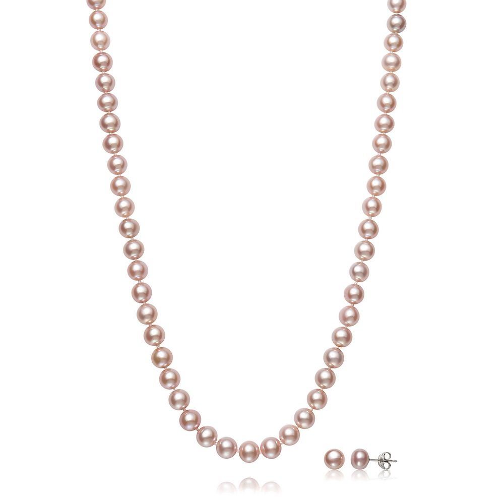 Pink Freshwater Cultured Pearl Earring & Strand Necklace Set in Sterling Silver, 6MM