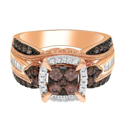 1 ct. tw. Champagne & White Diamond Halo Ring 10K Rose Gold