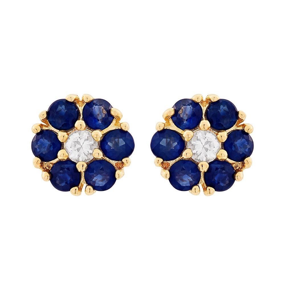 Blue & White Sapphire Flower Earrings in 10K Yellow Gold