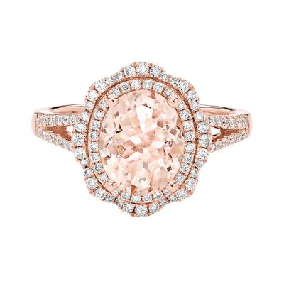 Oval Morganite Ring with Double Diamond Halo 14K Rose Gold (1/2 ct. tw.)