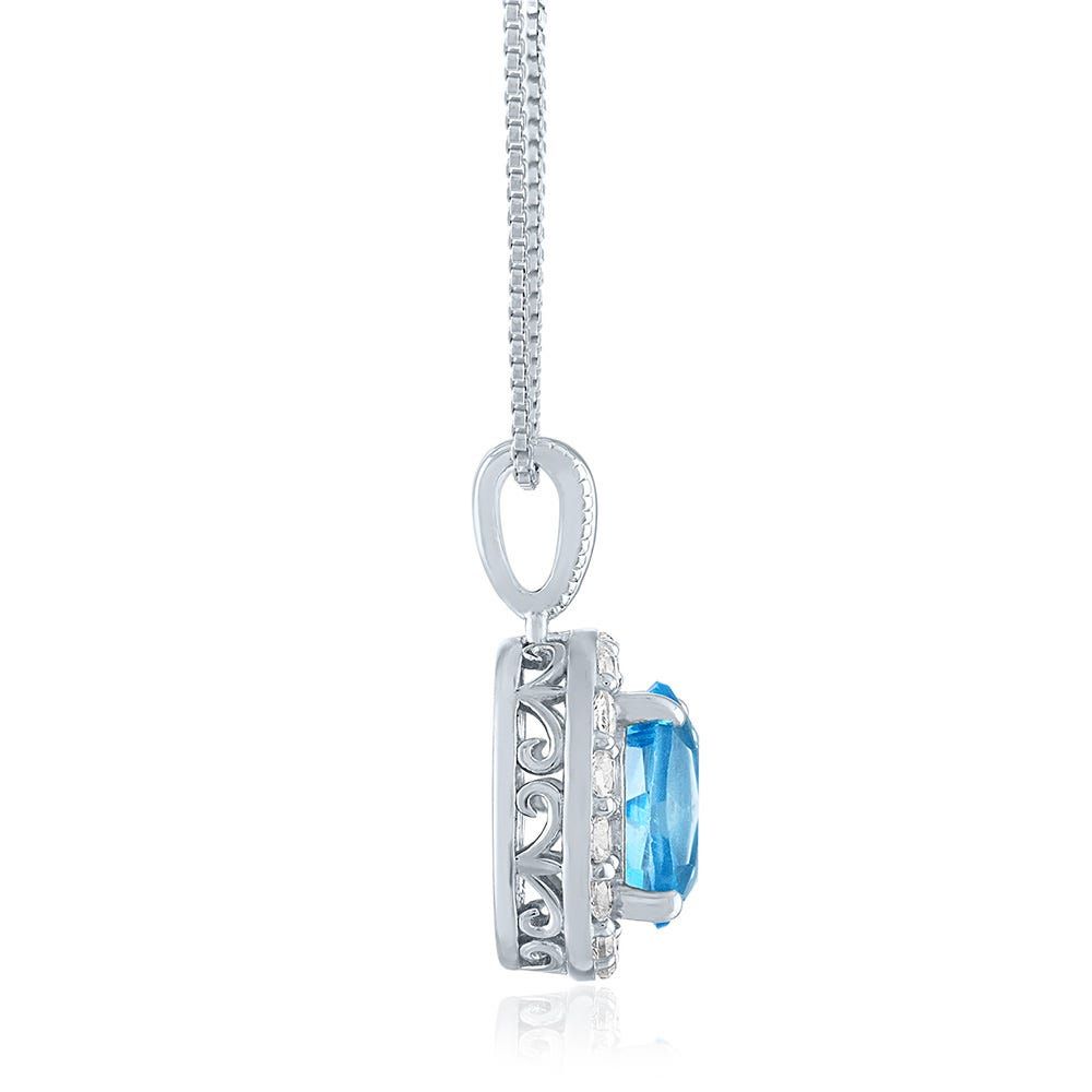 Oval Blue Topaz & Lab-Created White Sapphire Pendant in Sterling Silver