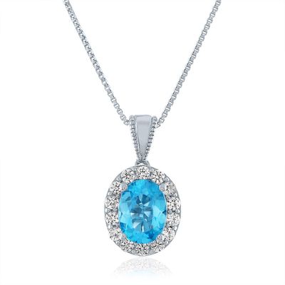 Oval Blue Topaz & Lab-Created White Sapphire Pendant in Sterling Silver