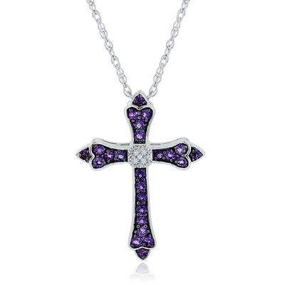 Lab-Created White Sapphire & Amethyst Cross Pendant in Sterling Silver