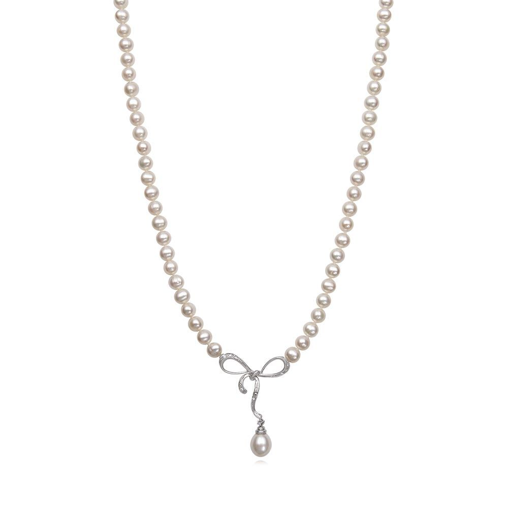 Freshwater Pearl Necklace with Diamond Bow in Sterling Silver