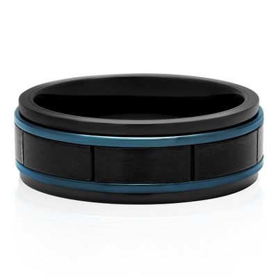 Menâs Block Pattern Ring Blue & Black Ion-Plated Stainless Steel, 8mm