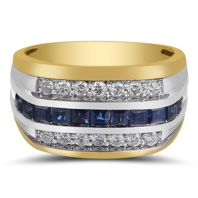 Men's Blue Sapphire & Diamond Ring 10K White Yellow Gold